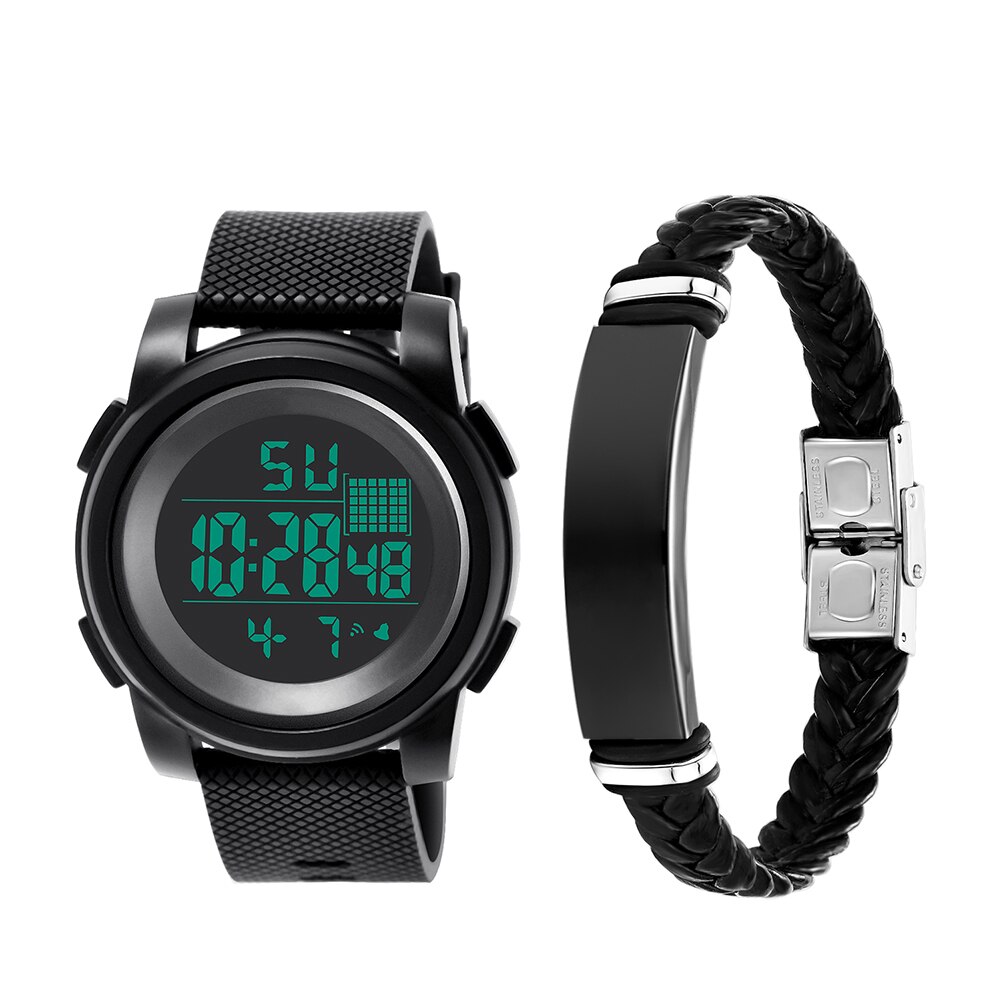 2 pçs de luxo masculino esportes à prova dwaterproof água eletrônico digital relógio pulso luminoso + pulseira jóias acessórios