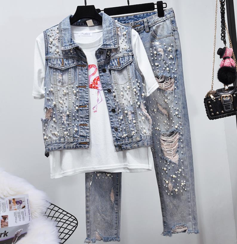 Skinny gescheurde jeans voor dames met gaten, kralen en parels, damesjeans met parels, denim potloodbroek, plus size