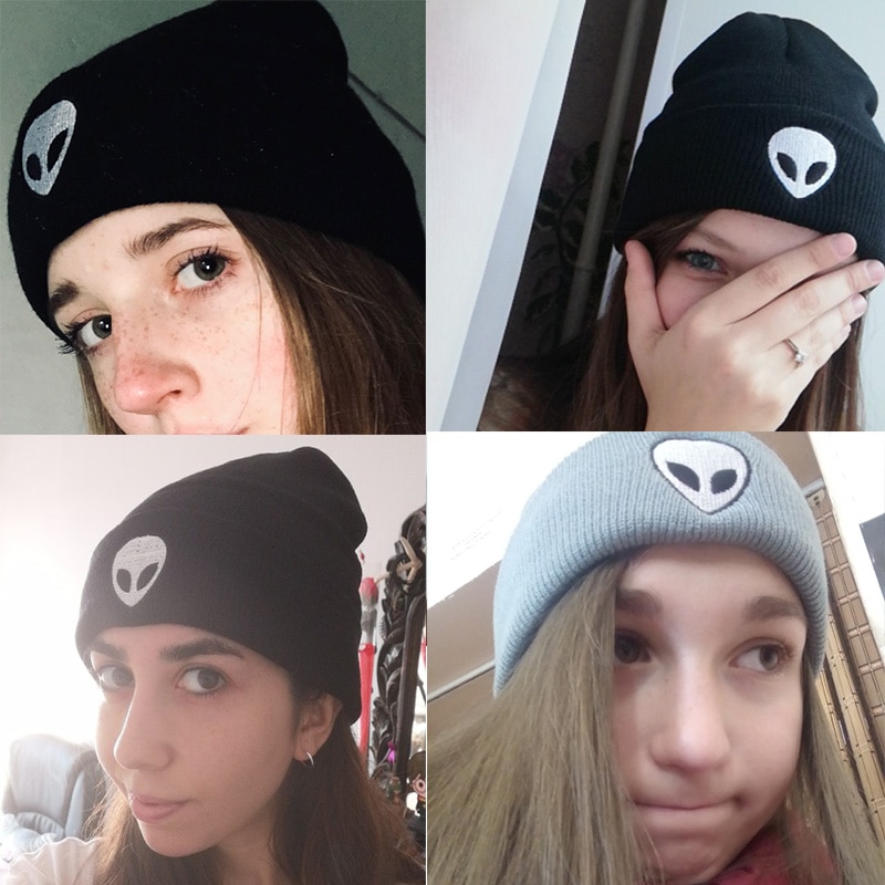 Otoño Invierno sombrero mujer Color sólido Alien patrón gorro de lana de punto suave gorra hombres mujeres sombreros de navidad