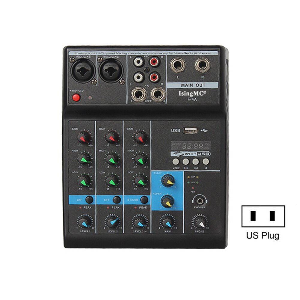 Wireless 4-channel Audio Mixer Portable Sound Mixing Console USB Interface MP3 Computer Input 48V Phantom Power Monitor for Home: US Plug