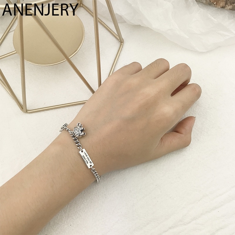 Anenjery Stijl Olifant Brief Vierkante Kaart Armband Armbanden Voor Vrouwen Mannen Paar Armband Thaise Zilveren Kleur Sieraden S-B416