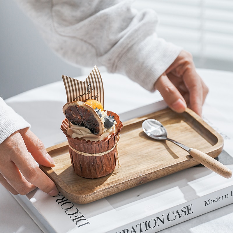 MUZITY Round Solid Wood Plate Dessert Dinner Plate Wooden Saucer Tea Tray Whole Acacia Wood Tableware Set