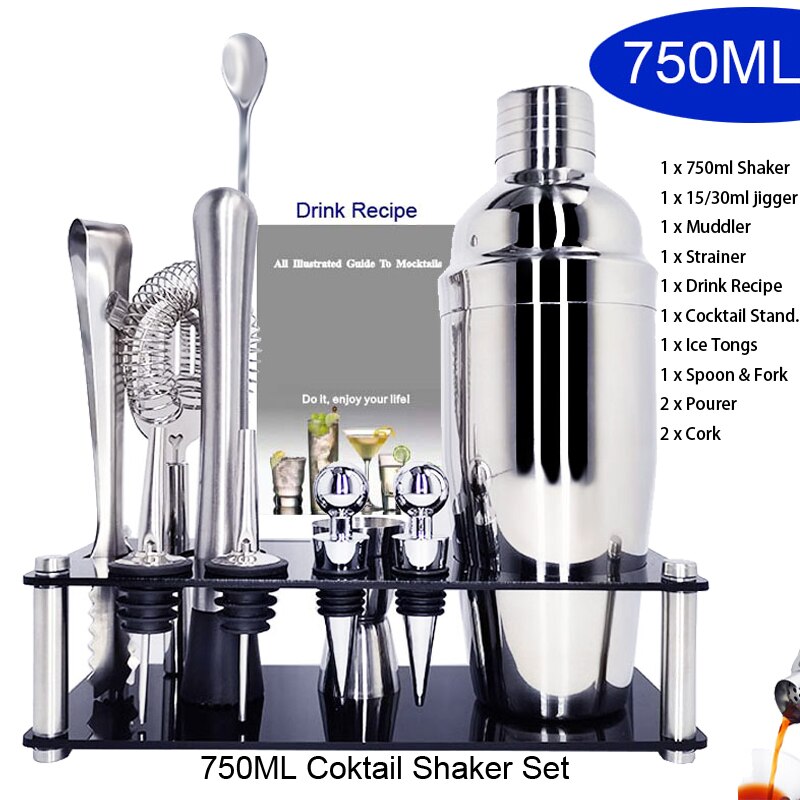 Wine regulator Cocktail Shaker Cup Premium Barware Set Drink Mixer 550/750ml Bar Tool With Wine Rack: 11pcs 750ml BRack