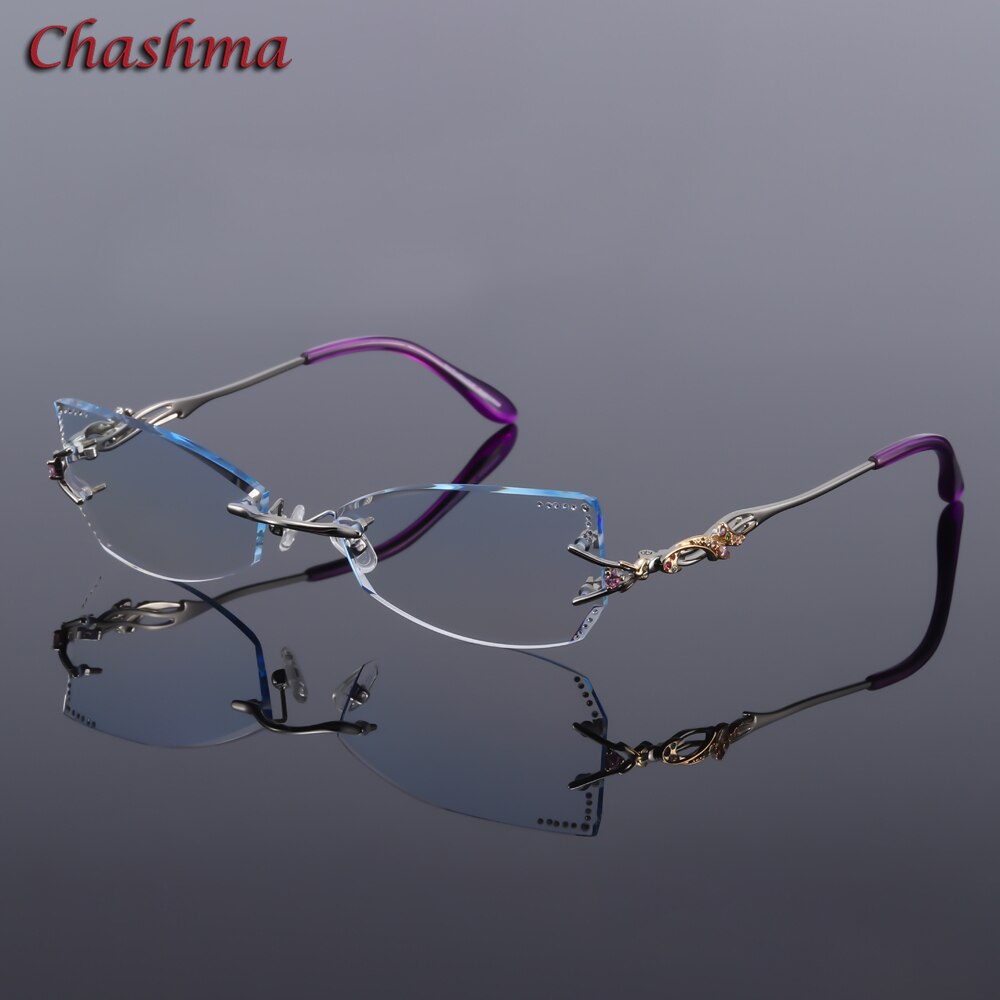 Chashma Brand Tint Lenses Sunglasses Titanium Eyewear Female Diamond Crystal Trimmed Glasses Frame Cat Eye Rimless Glasses Woman