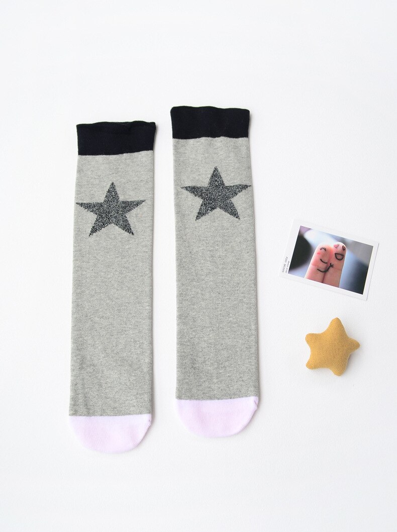 2-6 Jaar Baby Kinderen Panty Katoen Gebreide Panty Kniekousen Voor Meisjes: light grey star