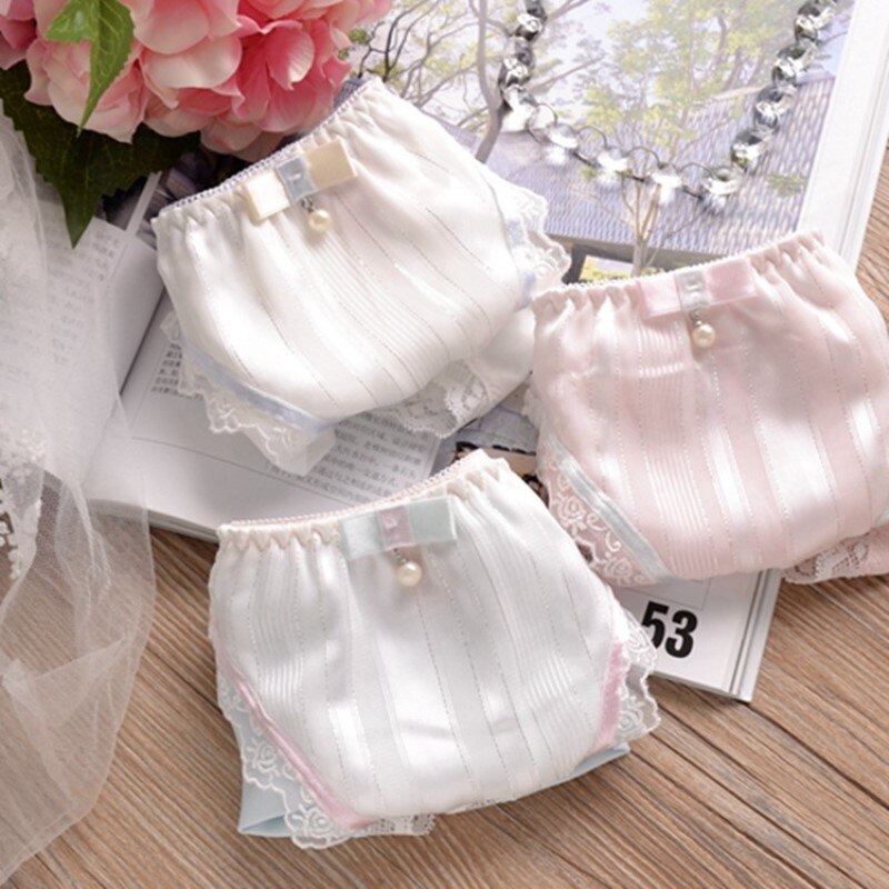 Leechee Japanese Girl Lace Panties Pearl Mercerized Milk Silk Underwear Bow Knot Cute Shorts Low Waist Breathable Women Briefs