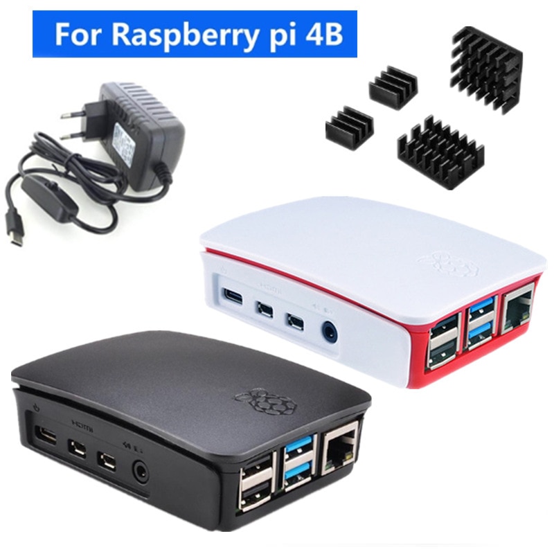 Boîtier pour Raspberry Pi 4 modèle B, boîtier officiel avec dissipateur de chaleur, adaptateurs d'alimentation, boîtier en plastique ABS, couvercle RPI143