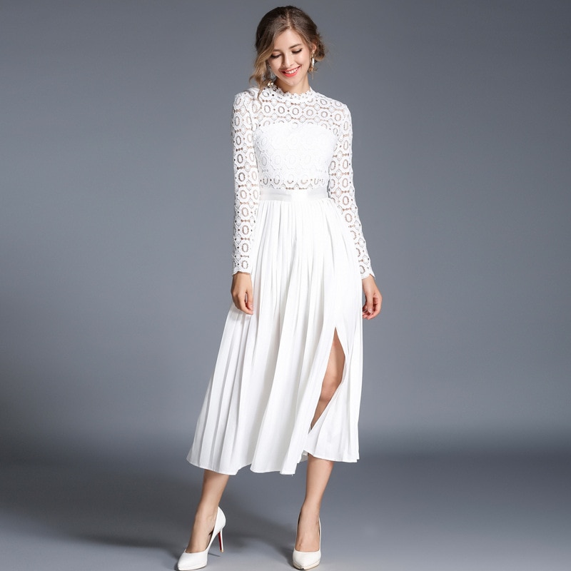 Robe Plissée Dentelle Manches Bouffantes Mi-Mollet IWFEV - Robe Élégante Soirée Cocktail Mariage Femme