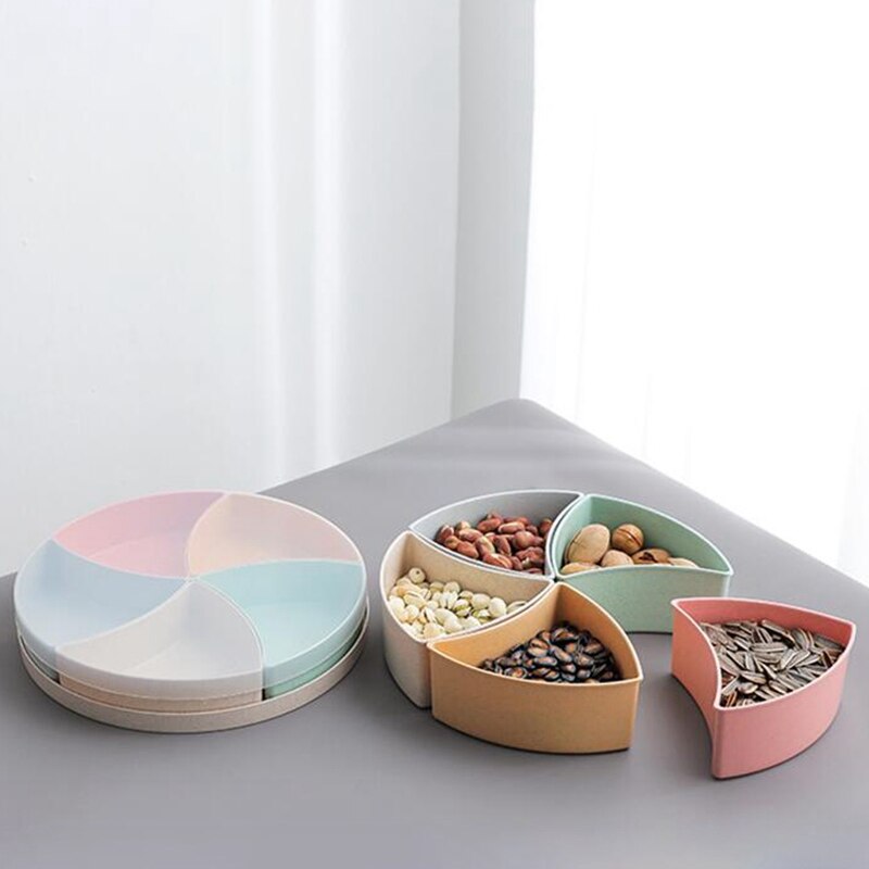 Hvedestrå rund delt 5 rum candy snack organisator opbevaring serveringsbeholder fad fad med låg