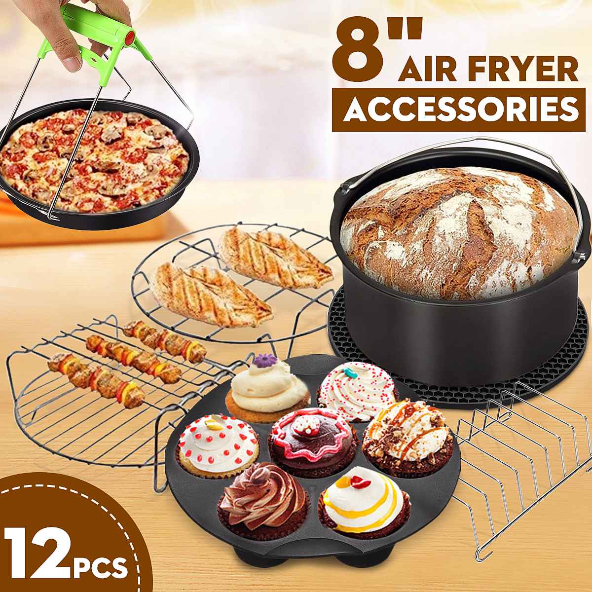 Air Fryer Accessories Set Baking Basket Pizza Plate Grill Pot Kitchen Cooking Tool 8Inch 5.3-5.8QT Deep Fryer Parts