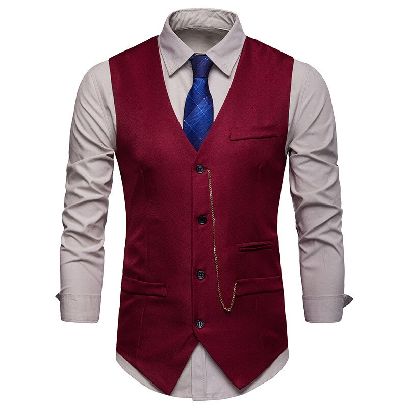 Couleur unie Slim Fit Gilet hommes chaîne décoration simple boutonnage Costume Gilet hommes décontracté Gilet Gilet Costume Homme