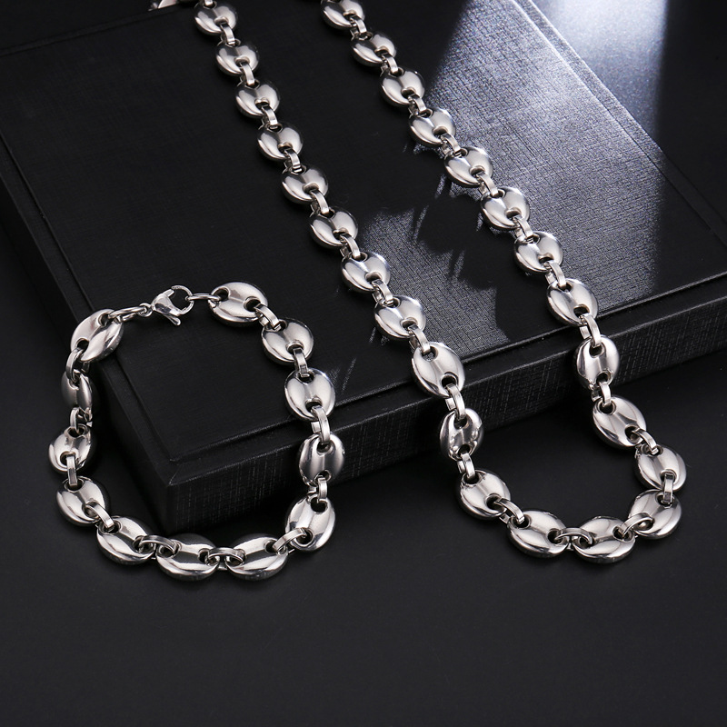 Koffieboon Ketting Voor Mannen En Vrouwen Vintage Rvs Pig Nose Chains Ketting Trending Rvs Sieraden: Jewelry Set Silver