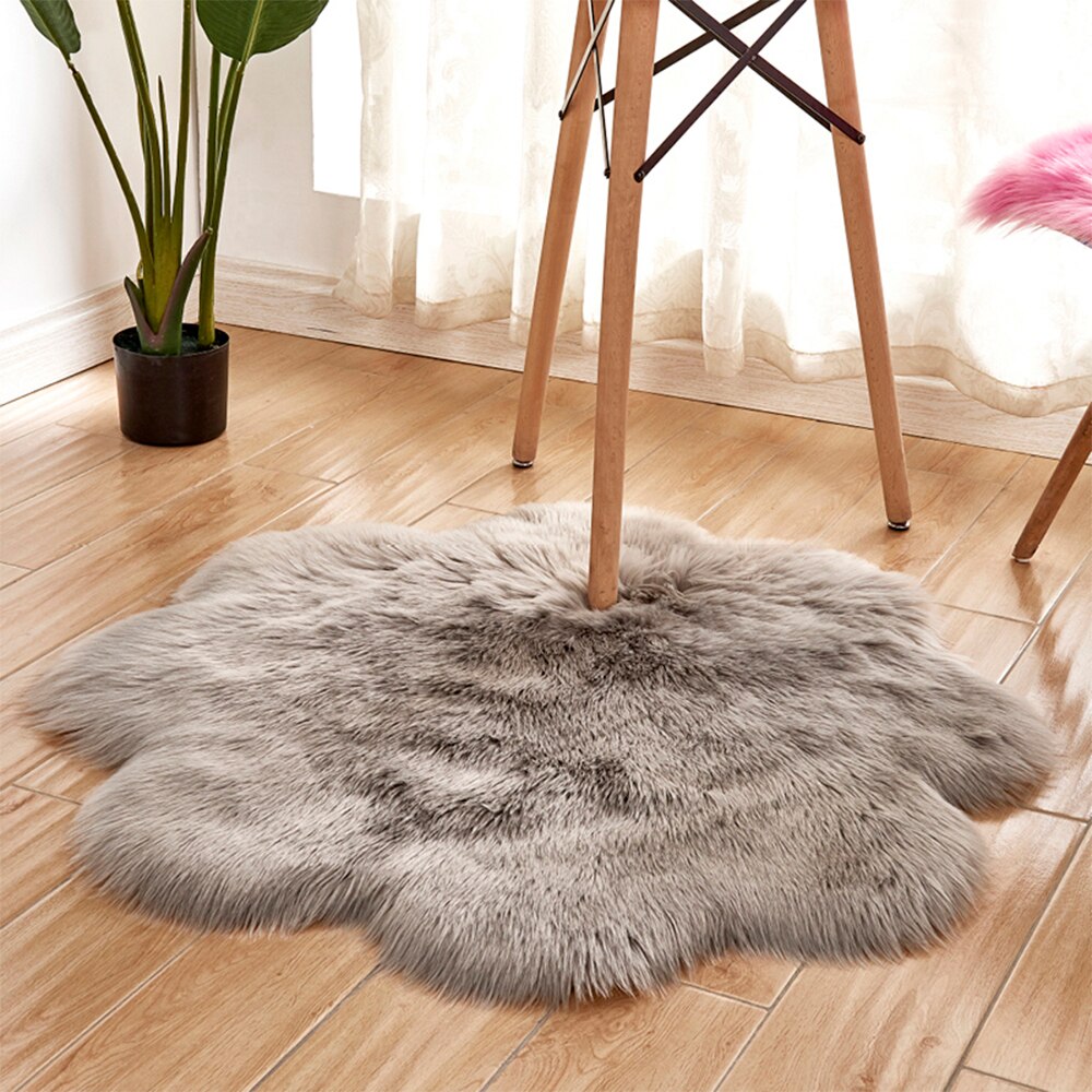 Alfombras de cuero de oveja rosa, Alfombra de lana de piel sintética suave antideslizante con forma de flor en ángulo, alfombras modernas para sala de estar: grey