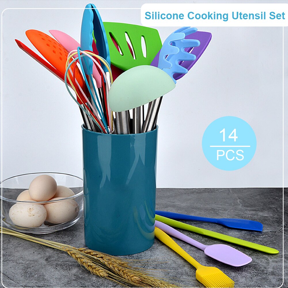 Kitchen Utensils Set 14/11/10/8/5Psc Silicone Cooking Utensil Set Non-stick Heat Resistant Tools with Wooden Handle Storage Box