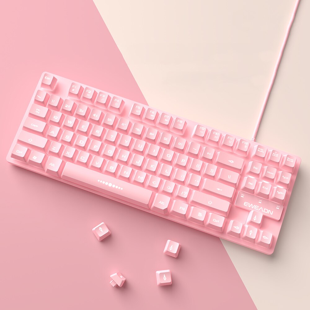 keyboard and Mouse set Wired Desktop Computer Game Gaming 87-key Girl Cute Pink Mute Office Notebook Keyboard: 87 Keys Keyboard