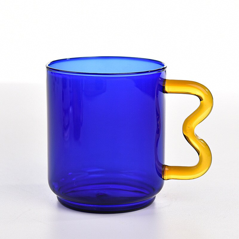 Tasse à café en verre coloré avec poignée d'oreille, tasse à expresso, pour jus de fruit, pour le bureau, pour le petit déjeuner, couleur contrastée,: Blue