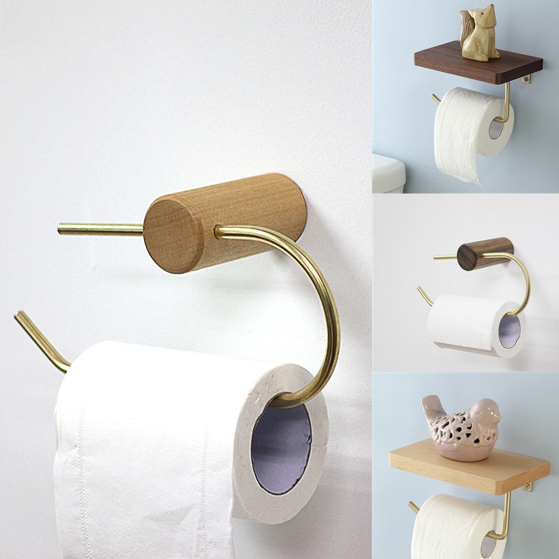 Nordic Bathroom Roll Holder Brass Solid Wood Wall Hanging Napkin Holder Gold Toilet Paper Towel Holder Kitchen storageshelf