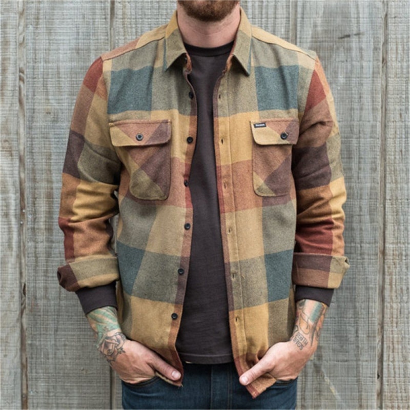 Jacket Men Spring Autumn Men's Plaid Patchwork Japanese Blouse Jacket Long Sleeve Block Pocket Button Male Shirts Blouses Coat