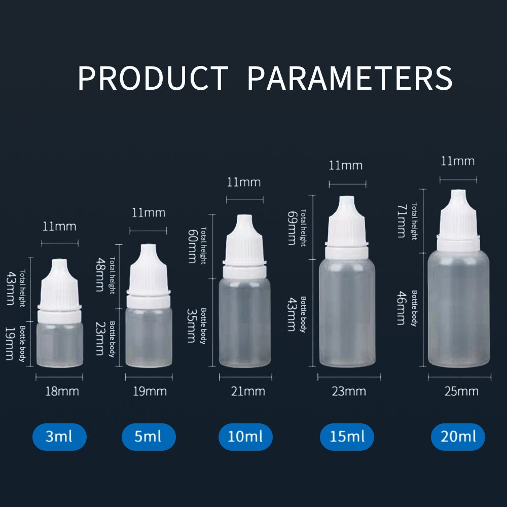 Gotero de plástico duradero vacío, 100 piezas, 5ml/10ml/15ml/20ML/30ML/50ML,