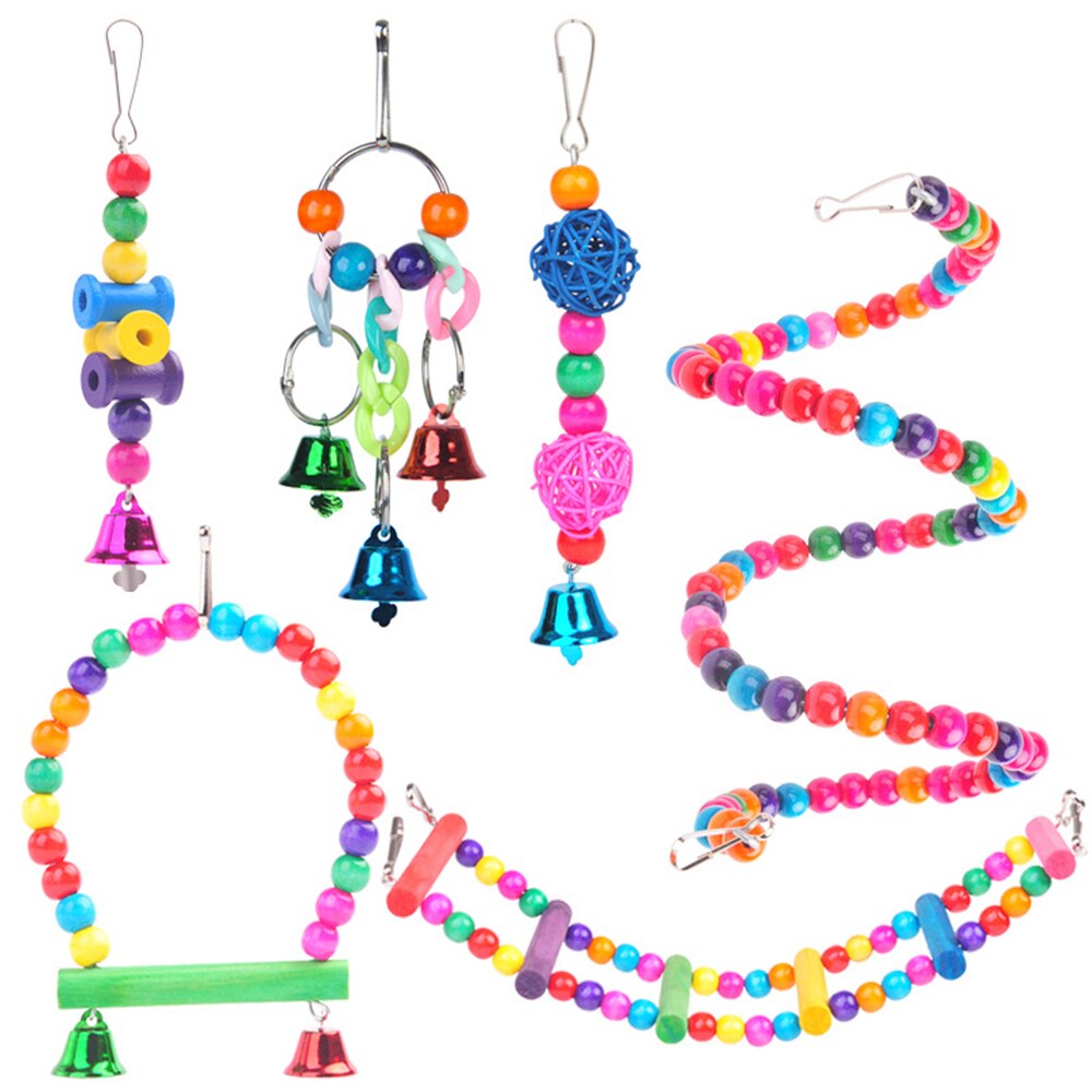 Parrot Hanging Cage Bird Cage Toys for Parrots Reliable &amp; Chewable-Swing Hanging Chewing Bite Bridge Wooden Beads Ball Bell Toys: A3-6PCS