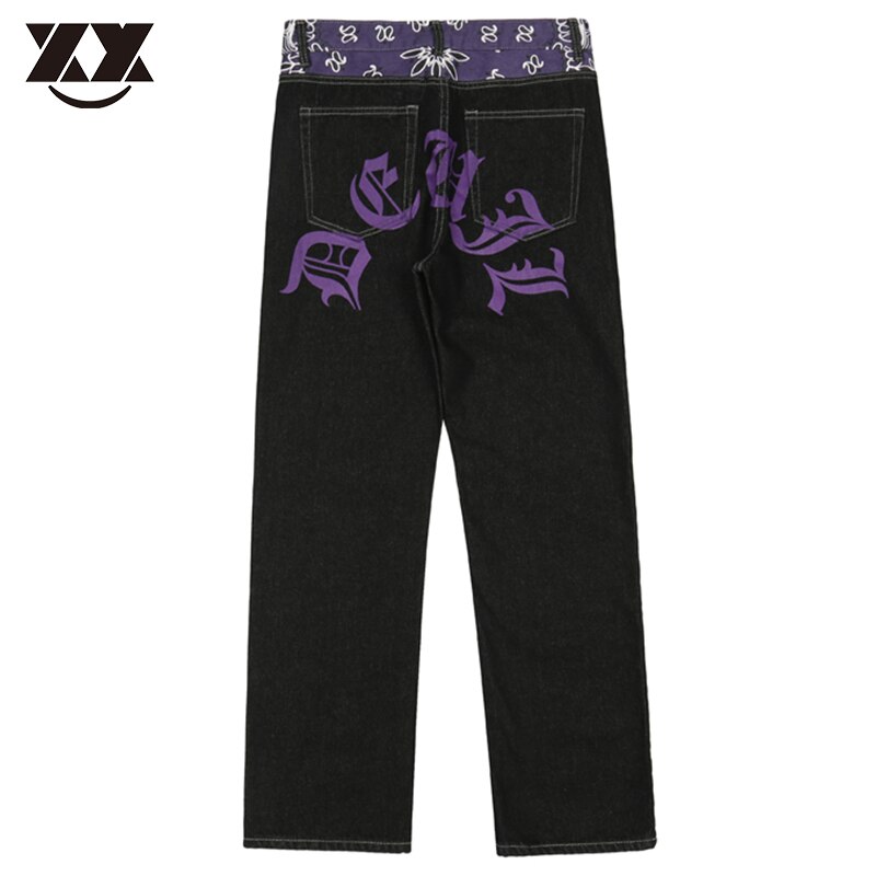 Gotiske bogstaver print jeans mænd hip hop patchwork streetwear oversized baggy jeans afslappede denim bukser løse vintage herre bukser