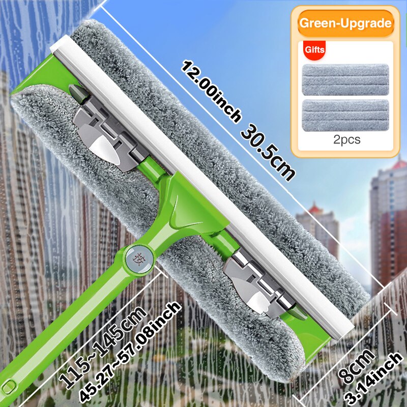 Cepillo de limpieza de mango largo, limpiador de ventanas, escurridor de vidrio, varilla telescópica, herramienta de limpieza de vidrio de doble cara para el hogar con paño: Large Green