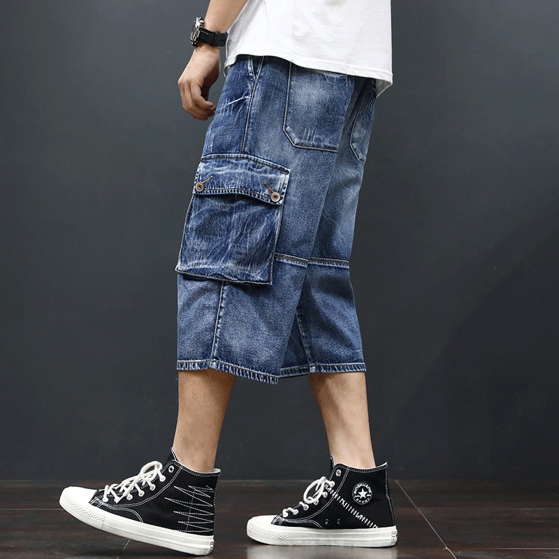 Herr streetwear sommar jeansshorts i bomull under knä lös passform casual cargo korta jeans hombre hip hop elastiska midja byxor
