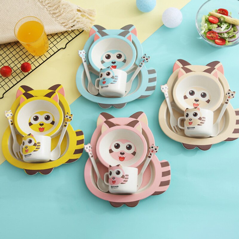 5 Stks/set Baby Schotel Training Servies Kinderen Leuke Wasbeer Voeden Voedsel Gerechten Kids Servies Met Kom Kop Lepel Vork Plaat