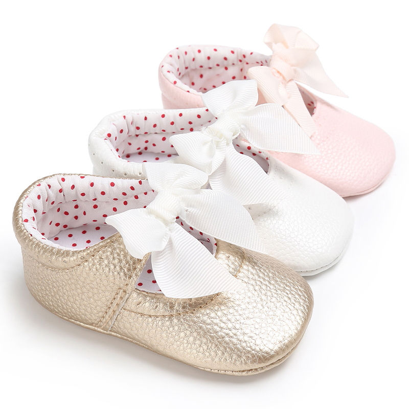 Zapatos de cuero a la para bebé niña, zapatos de princesa de niña pequeña con lazo de PU, sin cordones de 0 a 18 M: Oro / 13-18 meses