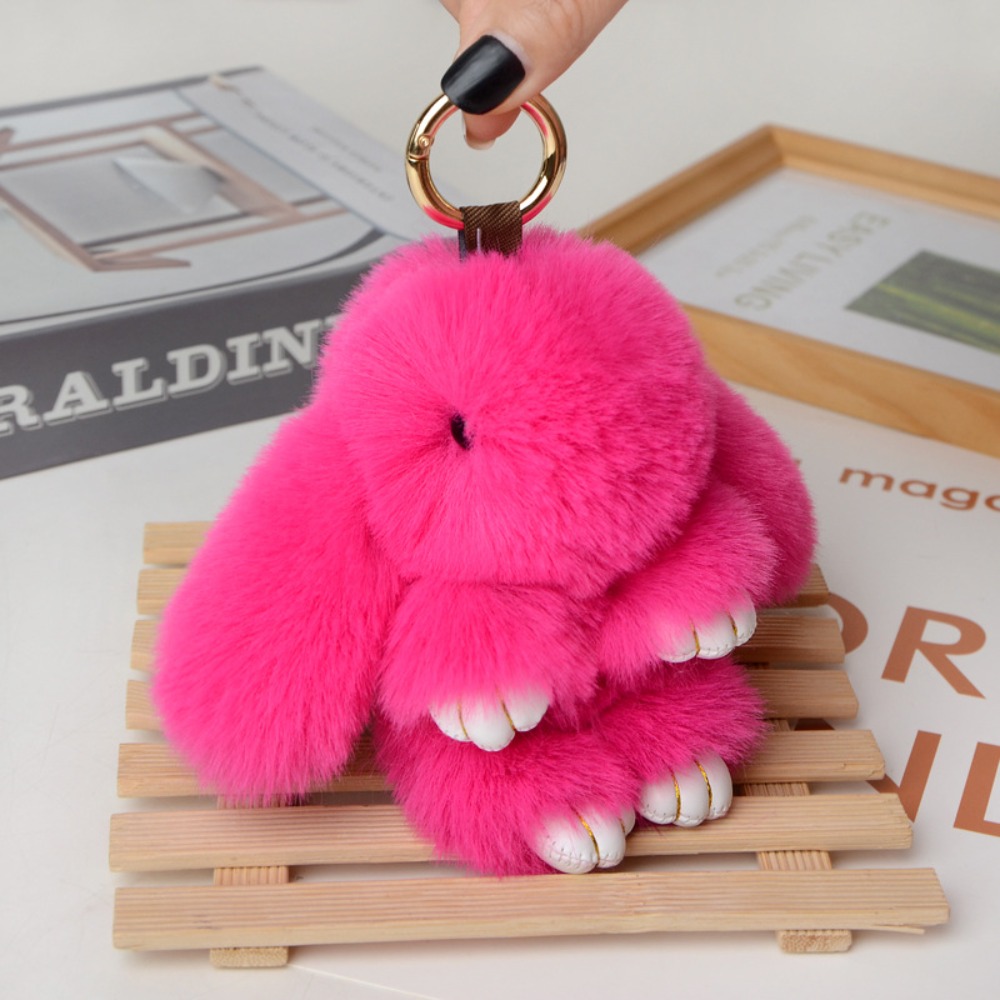 Ryggsekk anheng fluffy kaninpels pompong kanin nøkkelring myk søt kanin nøkkelring kunstig kanin jenteveske nøkkelring: Blå