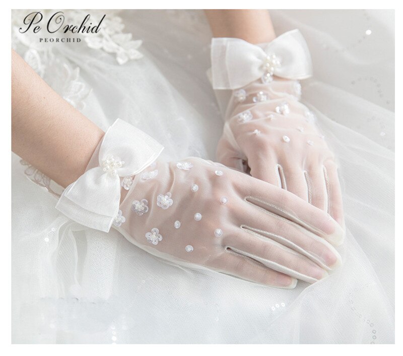 PEORCHID Bridal Gloves Wedding Short Gloves Pearl Sequins Mesh Full finger Women Party Gloves Gant Mariage Femme