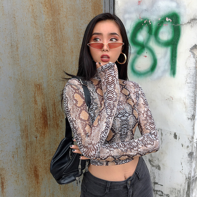 Pull transparent à mailles avec manches longues et col haut pour femme, t-shirt vert décontracté à motif de serpent imprimé