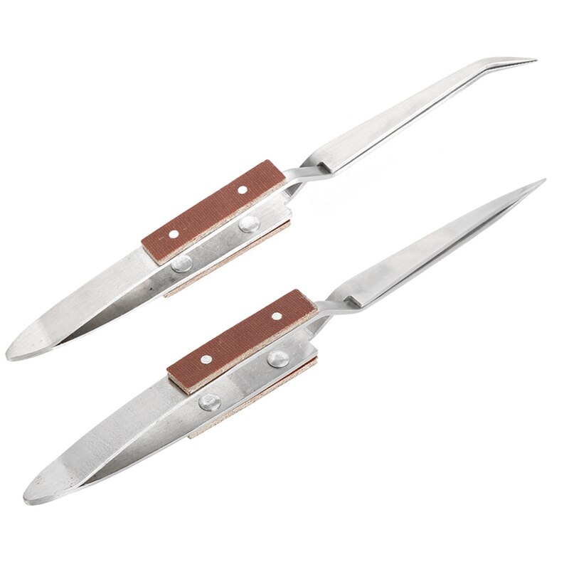2 X Self Locking Closing Tweezers Straight Curved Tweezer Anvil Wood Grip