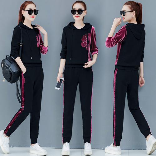 black Velvet Two Piece Set Tracksuit For Women Outfits Plus Large Size Sportswear Hoodies Top Pant Suit Winter Autumn Clothes: Black / M