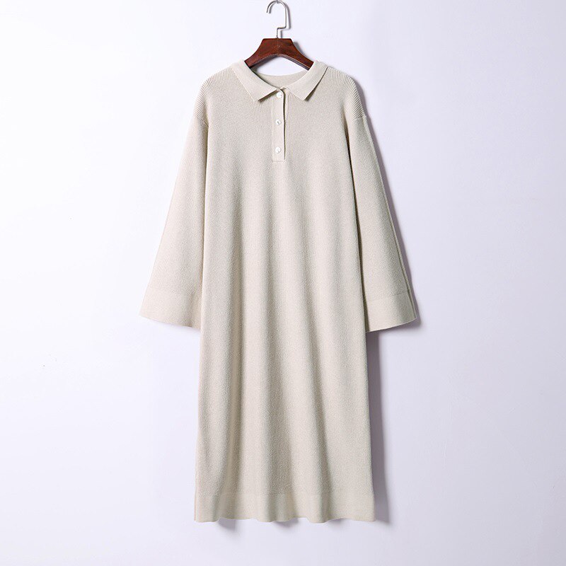 HLBCBG Vestido largo de gran tamaño de punto de las mujeres Maxi recto grueso cálido Turn-Down Collar suéter vestido Otoño Invierno botón vestido de: Apricot
