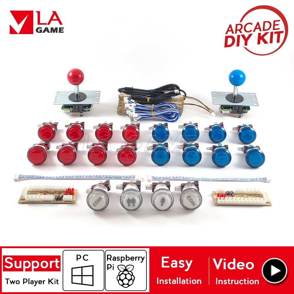 2 Speler Arcade Diy Nul Vertraging Encoder Om Pc Rasberry Pi Arcade Diy Kit Arcade Knoppen Led 8 Manier Joystick voor Mame Jamma Project: Red and blue