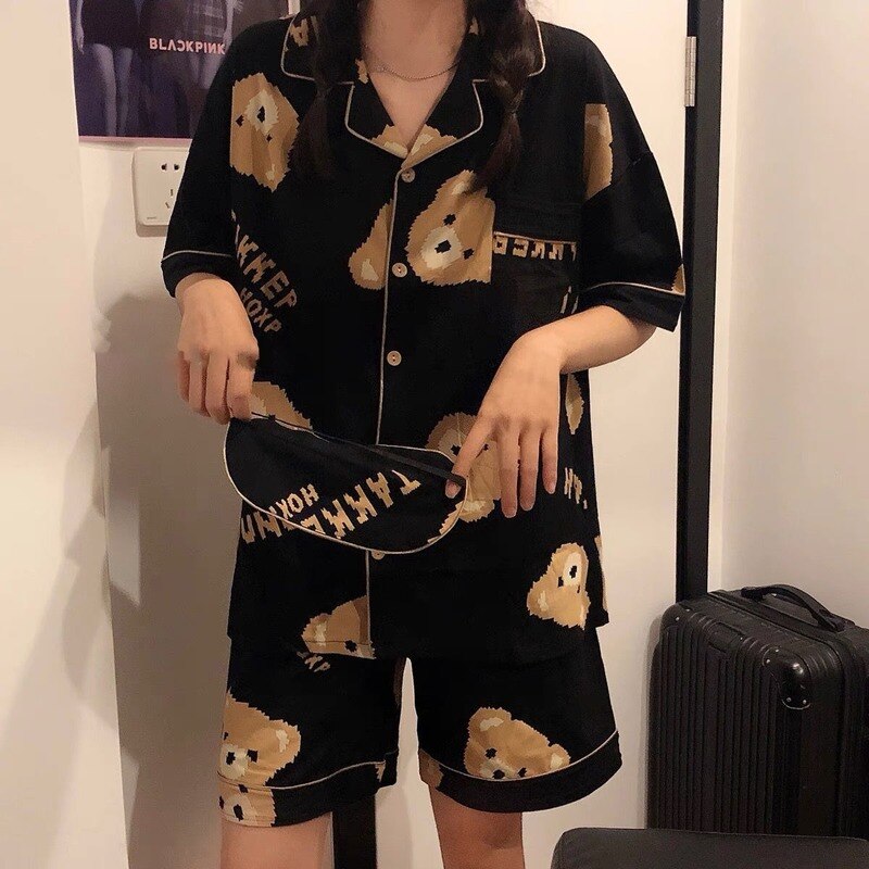 Qweek kvinder pyjamas sæt japansk kawaii pijamas bjørn print pyjamas teen piger hjem tøj turndown krave sommer nattøj