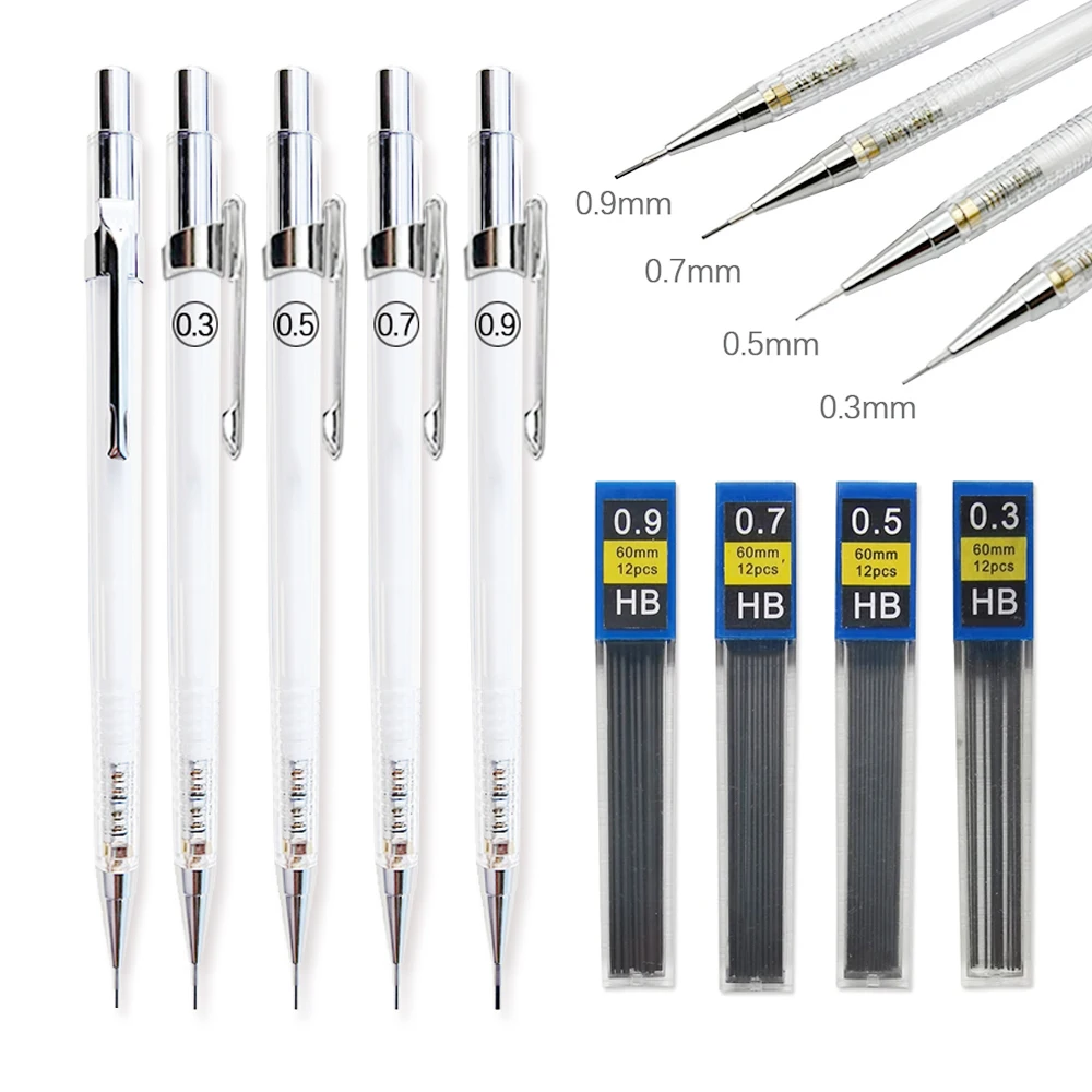 Portaminas transparente de 0,3, 0,5, 0,7, 0,9mm con recambios de plomo, juego para dibujar lápices automáticos, arte, dibujo, pintura