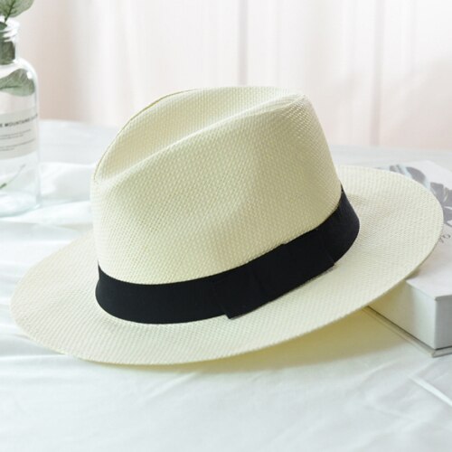 Ht2261 sommer hatte til mænd kvinder halm panama hatte solid almindelig bred kant strand hatte med bånd unisex fedora sol hat: Elfenben
