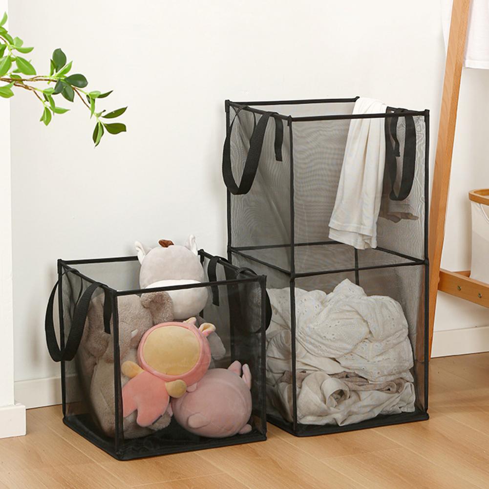 Mesh Pop Up Dirty Laundry Basket Hamper Square Foldable Side Handles Visible Dirty Clothes Sundries Toys Storage Bag