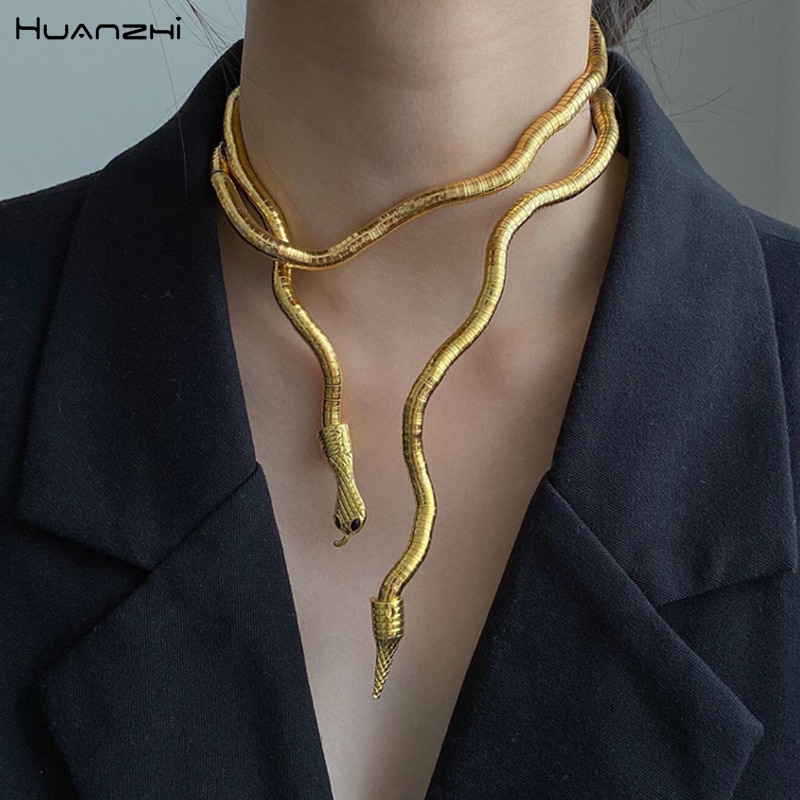 HUANZHI Punk Cool Bendy Multilayer Metal Alloy Gold Black Color Snake Necklace and Bracelet for Women and Men Jewelry