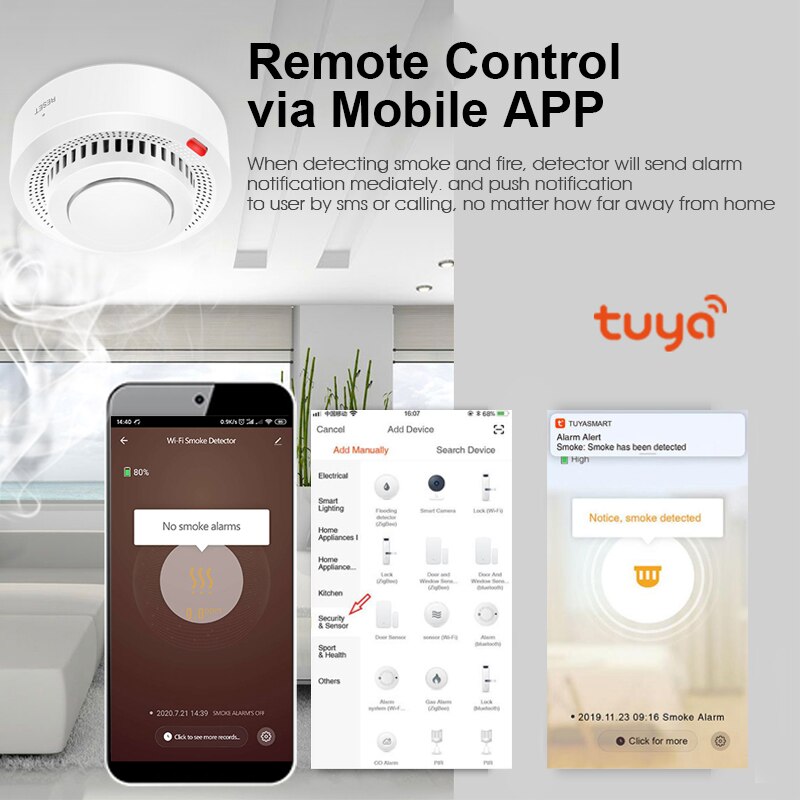 WiFi Smoke Sensor Alarm Fire Protection Smoke Detector Smokehouse Combination Fire Alarm Smart Home Security System Tuya APP