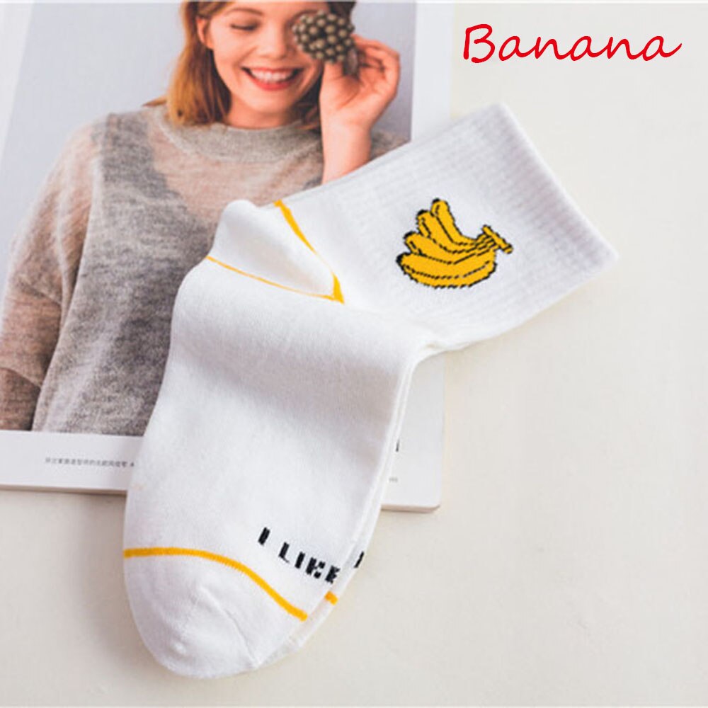 Women Socks Cartoon White Cute Banana Milk Dinosaur Cotton Warmth Long Socks Cute Funny Illustration Letter Socks: Banana