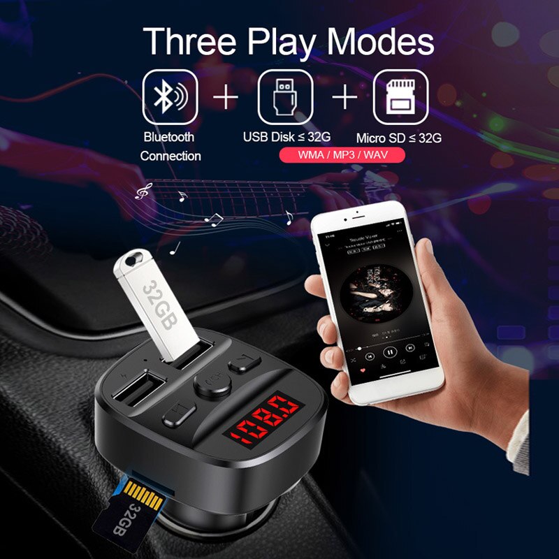 Konrisa Car Bluetooth Transmitter FM Modulator Adapter Wireless A2DP Music Player Handsfree Car Kit Support USB Driver TF Card