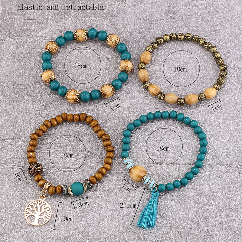Conjunto de pulsera de árbol de la vida para mujer, brazalete de cadena elástica con cuentas de madera y borlas, joyería de para
