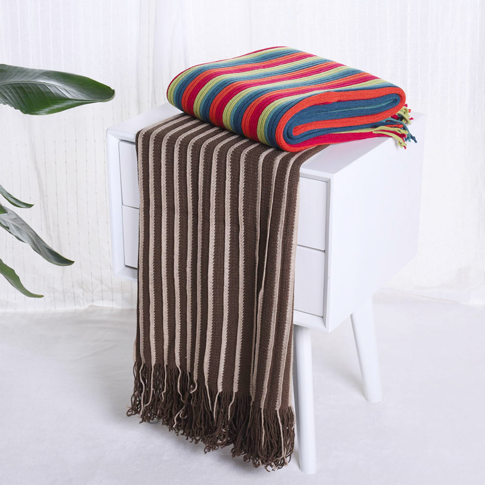 Yaapeet 100% Acrylic Striped Throw Blanket Lightweight Cozy Blankets and Throws for Sofa with Tassels Decorative Bed Blanket