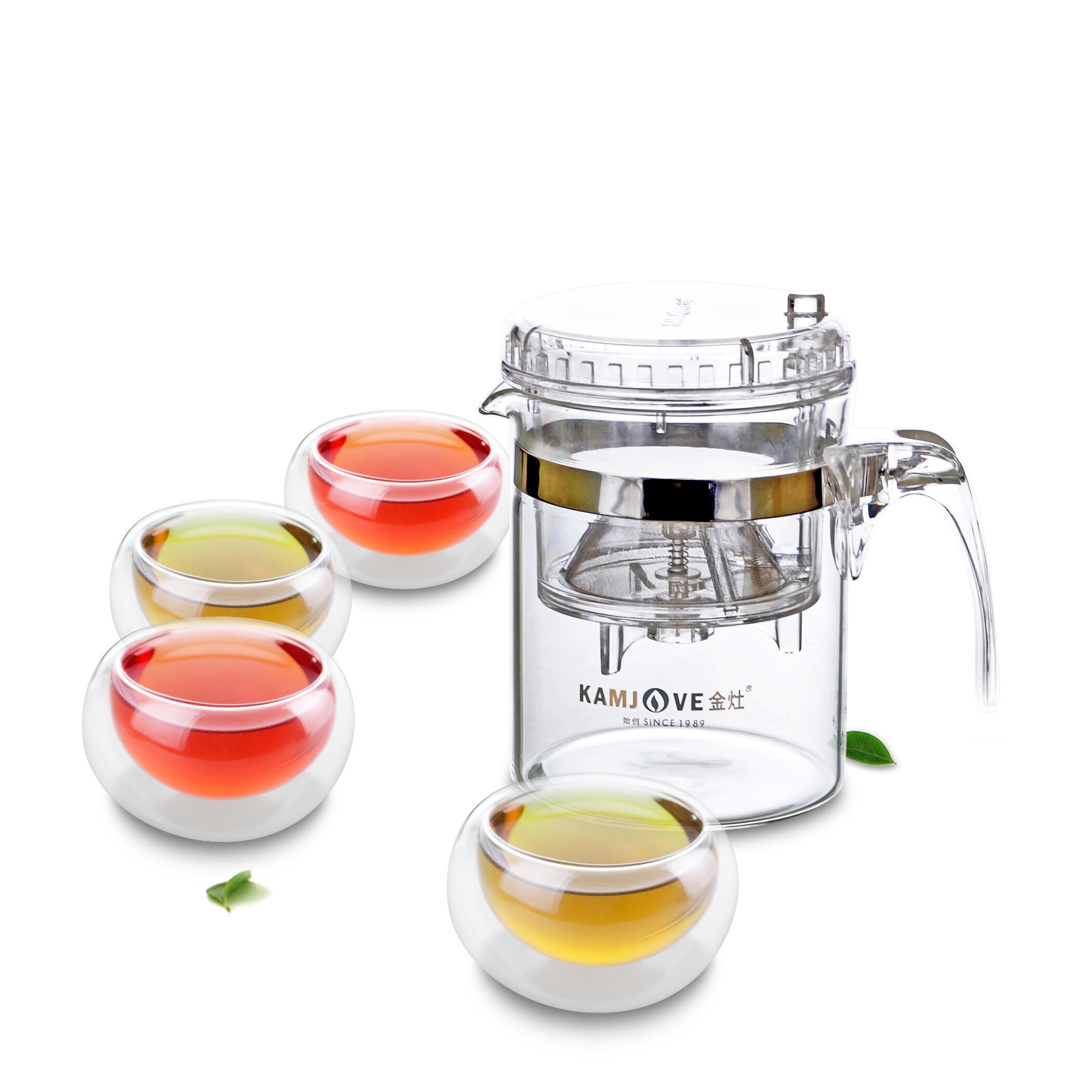 Teapot with Filter Function &amp; 4PC Cute Double Wall Glass Tea Cups Coffee Mugs