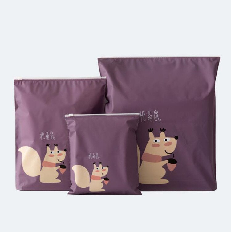Cute 3pcs Separate Bags Travel Bundle Pocket Set Waterproof Drawstring Clothing Collection PEVA Cartoon Shoes Underwear Org: Purple 