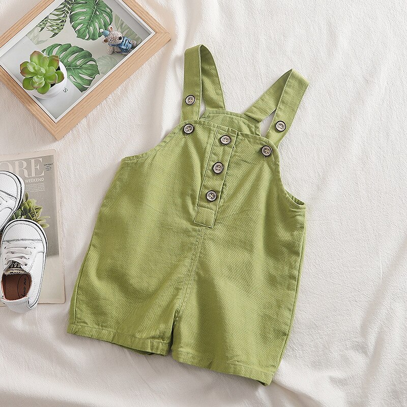 Baby Meisjes Losse Bib Shorts Broek Zomer Peuter Jongens Solid Overalls Kinderen Katoen Casual Jumpsuit Meisje Mode Denim Overalls: P006-Green / kids 24M-90cm