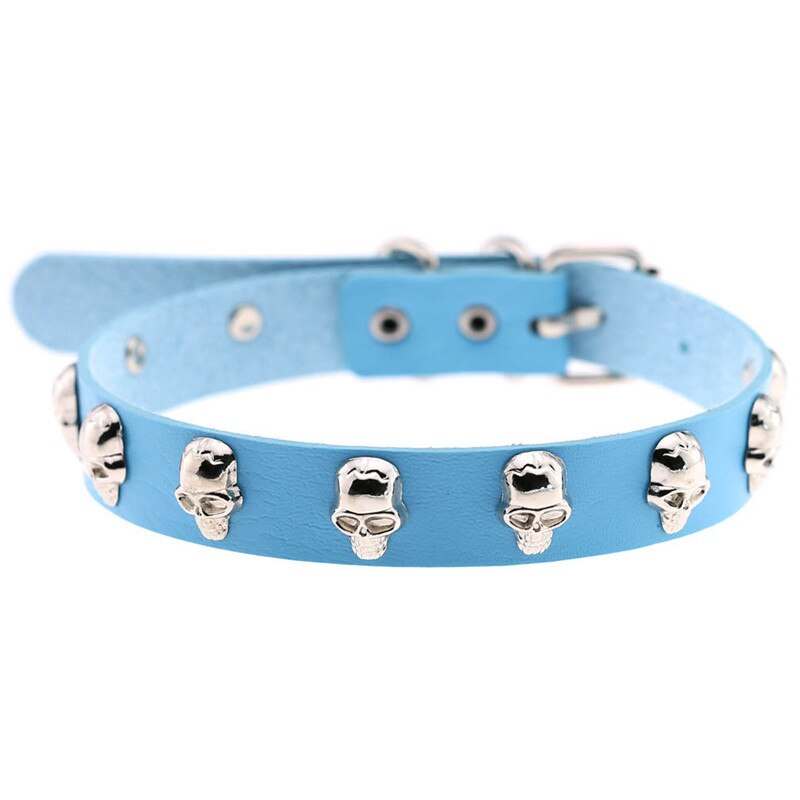 Trendy Punk Rock Silver Color Alloy Skull Leather Choker Necklace For Women Men Collar Jewelry: Sky Blue